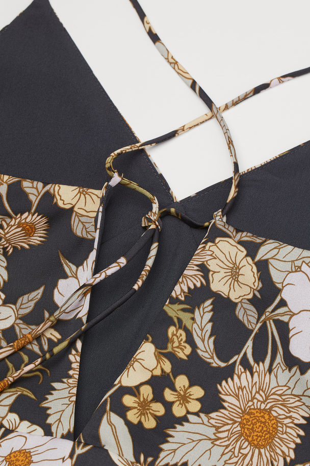 H&M V-neck Satin Dress Black/beige Floral