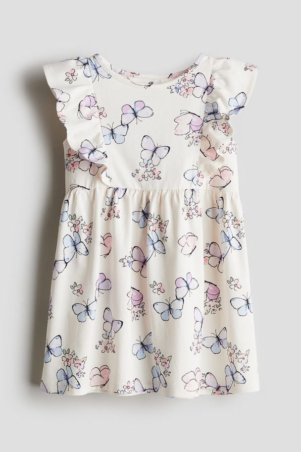 H&M Flounce-trimmed Jersey Dress Light Beige/butterflies