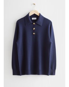 Wool Knit Polo Sweater Dark Blue