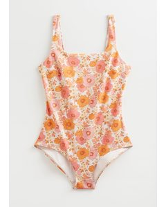 Printed Scoop-back Swimsuit Orange/pink Florals