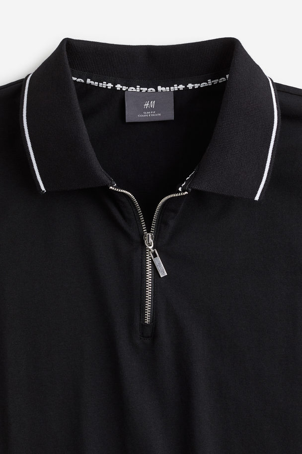 H&M Poloshirt Met Rits - Slim Fit Zwart