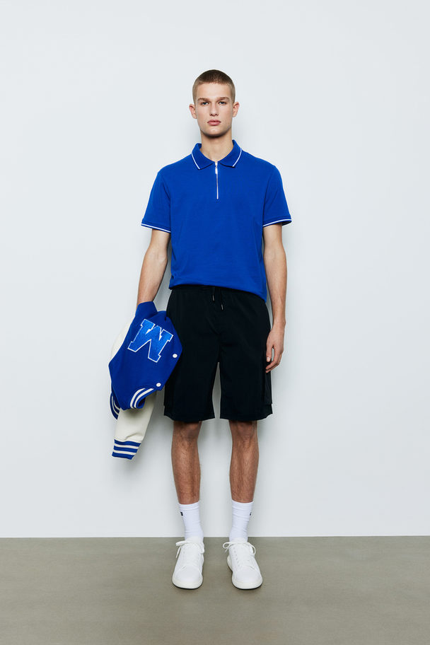H&M Poloshirt Met Rits - Slim Fit Helderblauw