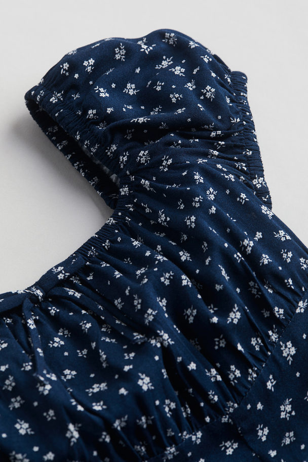 H&M Puff-sleeved Midi Dress Dark Blue/floral