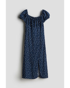 Puff-sleeved Midi Dress Dark Blue/floral