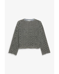 Long-sleeve Pleated Top With Dots Black And White Dots