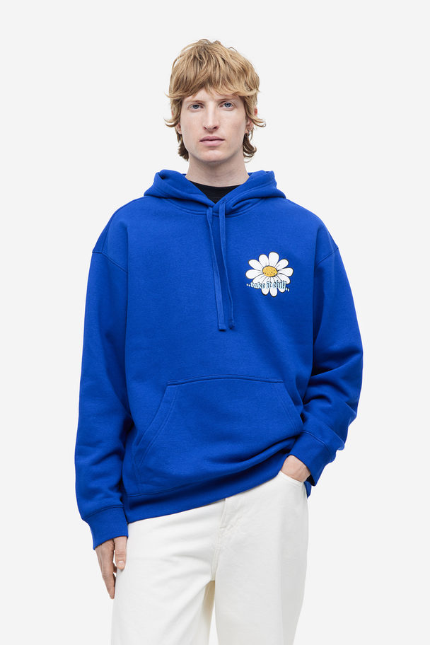 H&M Huvtröja Med Tryck Relaxed Fit Klarblå/blommor
