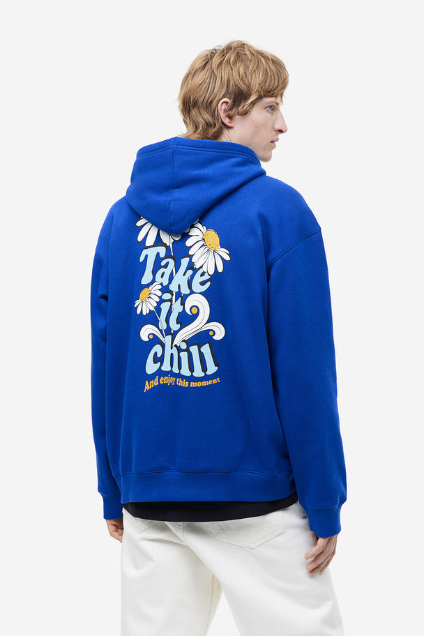 H&M Relaxed Fit Printed Hoodie Bright Blue/flowers