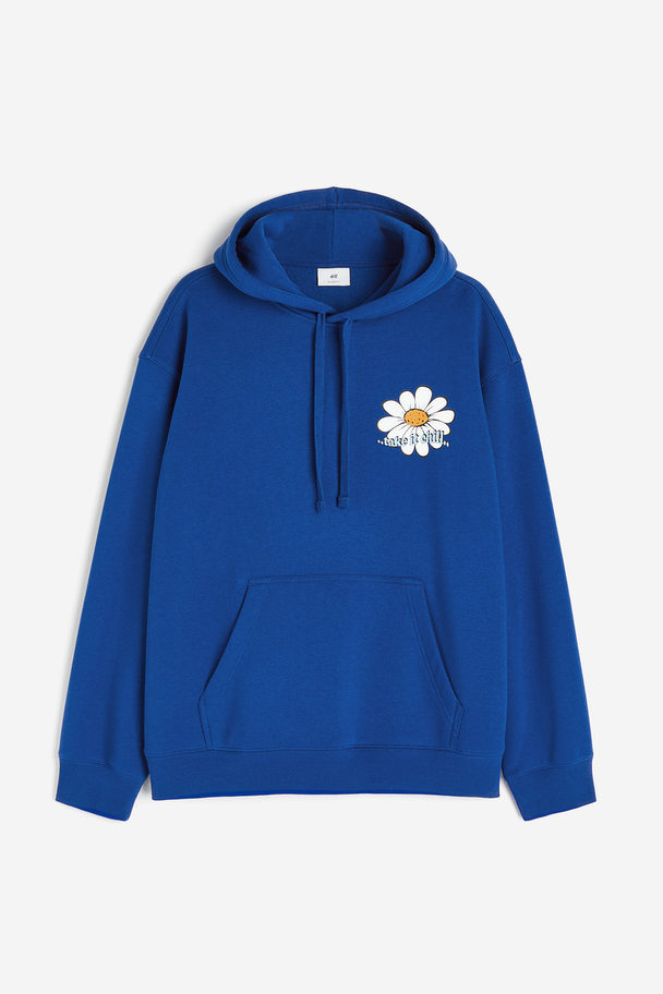 H&M Relaxed Fit Printed Hoodie Bright Blue/flowers