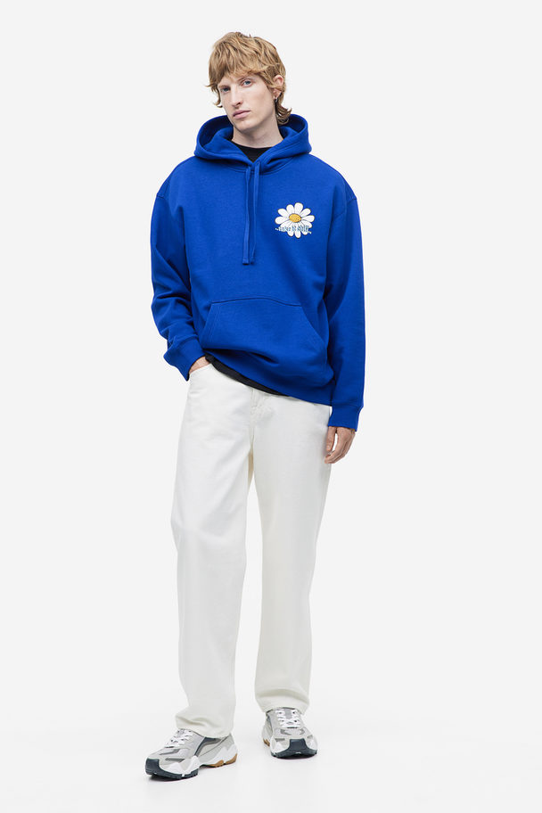 H&M Capuchonsweater Met Print - Loose Fit Helderblauw/bloemen