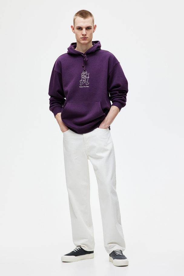 H&M Capuchonsweater Met Print - Loose Fit Donkerpaars