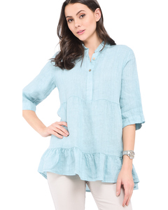 Buttoned Tunisian Collar Ruffled Top With Half-sleeves