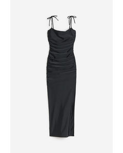 Satin Ruched Slip Maxi Dress Black