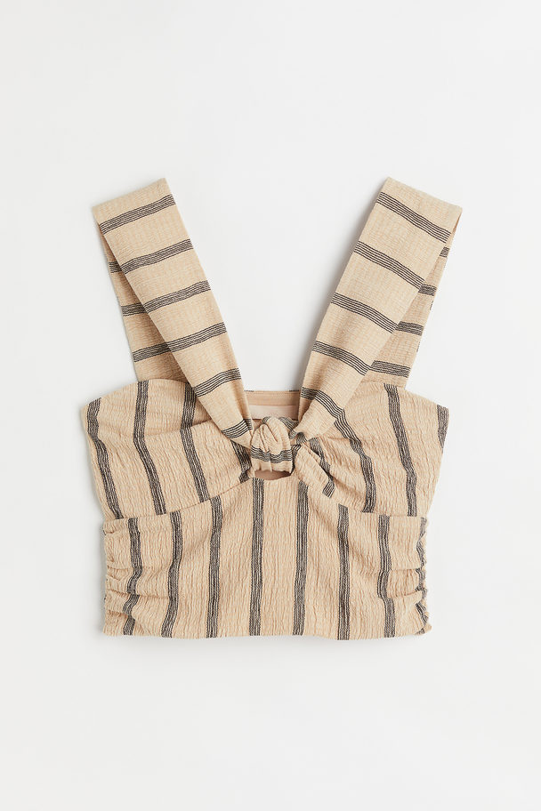H&M Knot-detail Crinkled Top Beige/striped
