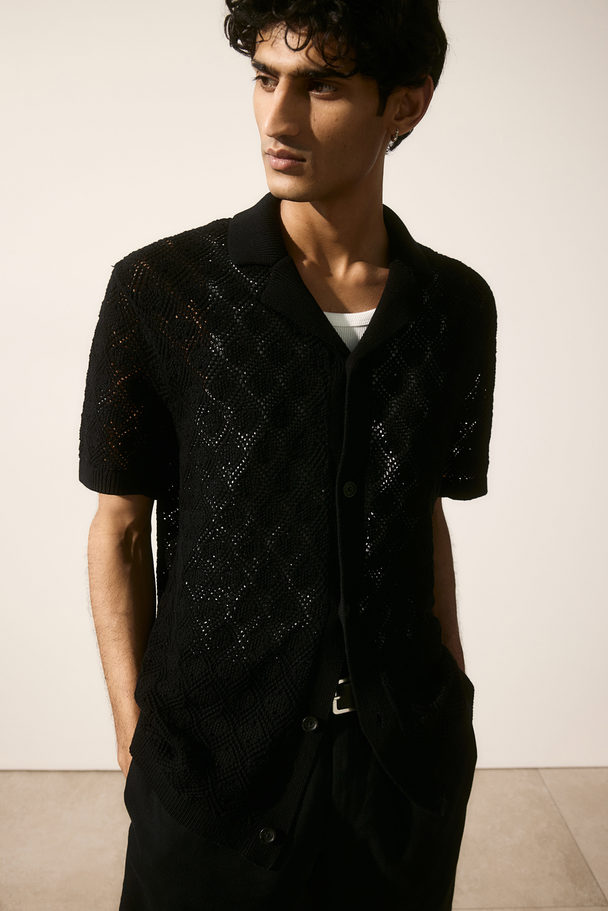 H&M Regular Fit Crochet-look Resort Shirt Black