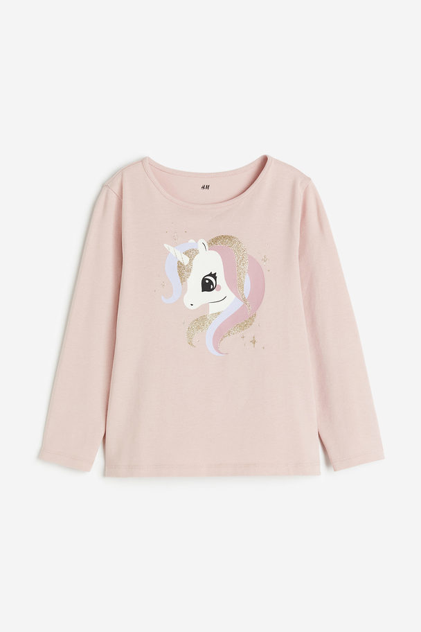 H&M Printed Jersey Top Dusty Pink/unicorn