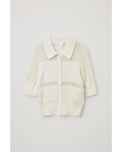 Cotton Mesh Panel Knitted Top Off-white