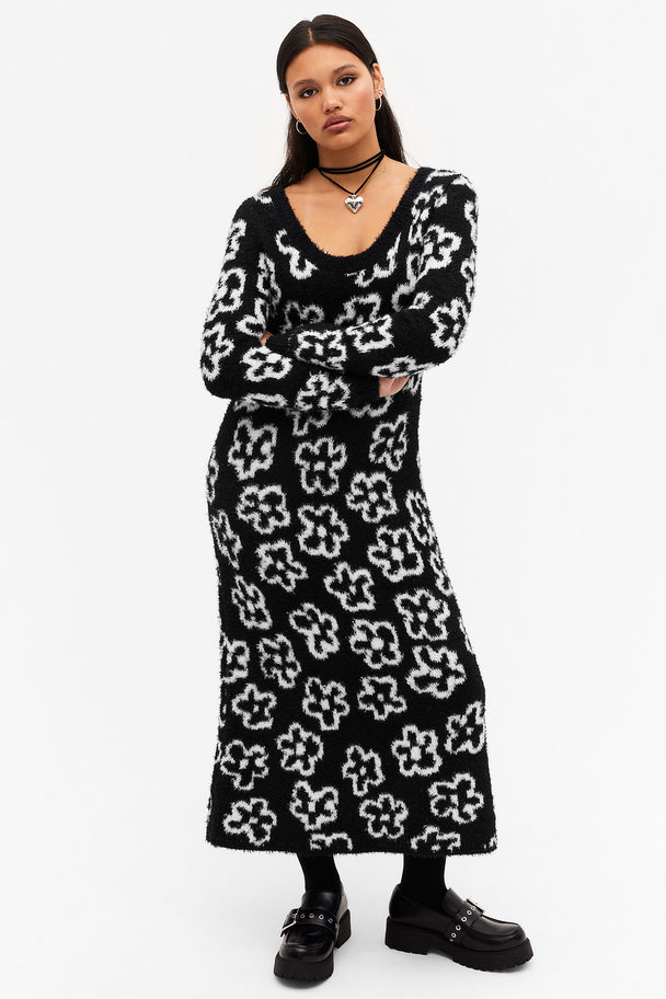 Monki Fluffy Knitted Maxi Dress Black With White Flowers