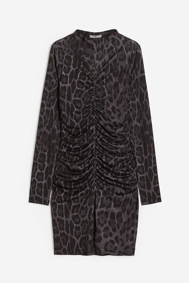 H&M Jerseykleid mit Raffungen Schwarz/Leopardenmuster