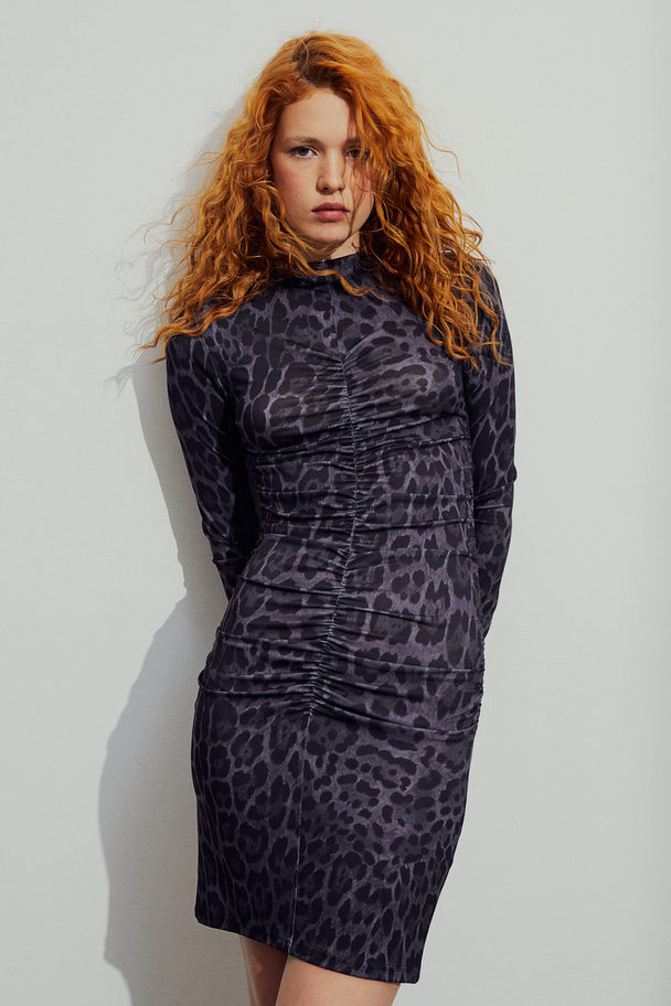 H&M Kjole I Jersey Med Rynkning Sort/leopardmønstret