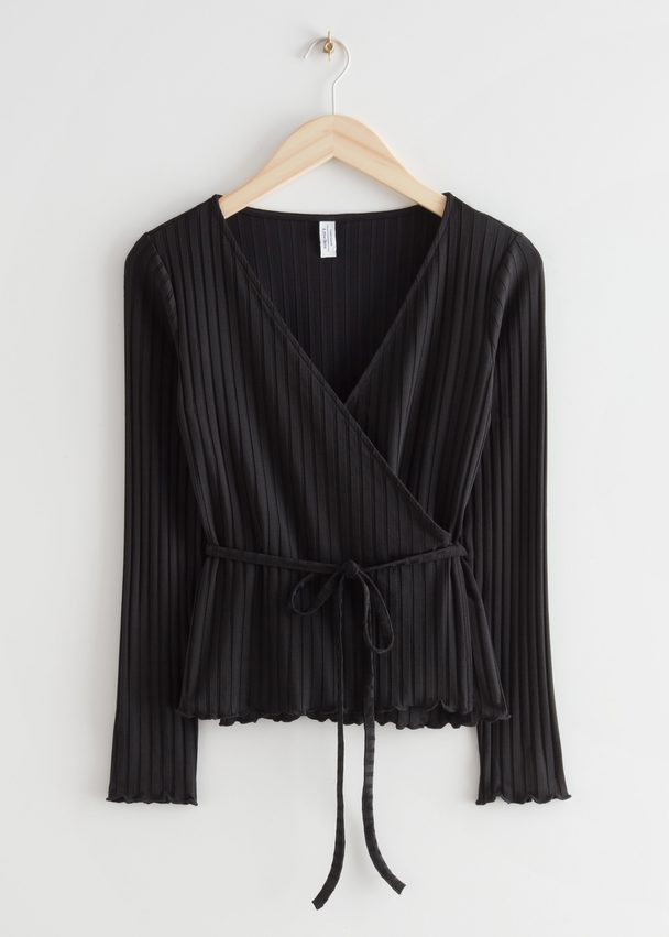 & Other Stories Fitted Ribbed Wrap Top Black