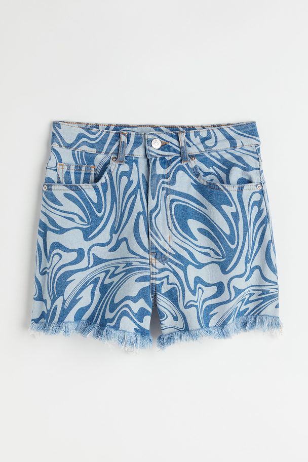 H&M High Waist Denim Shorts Denim Blue/patterned
