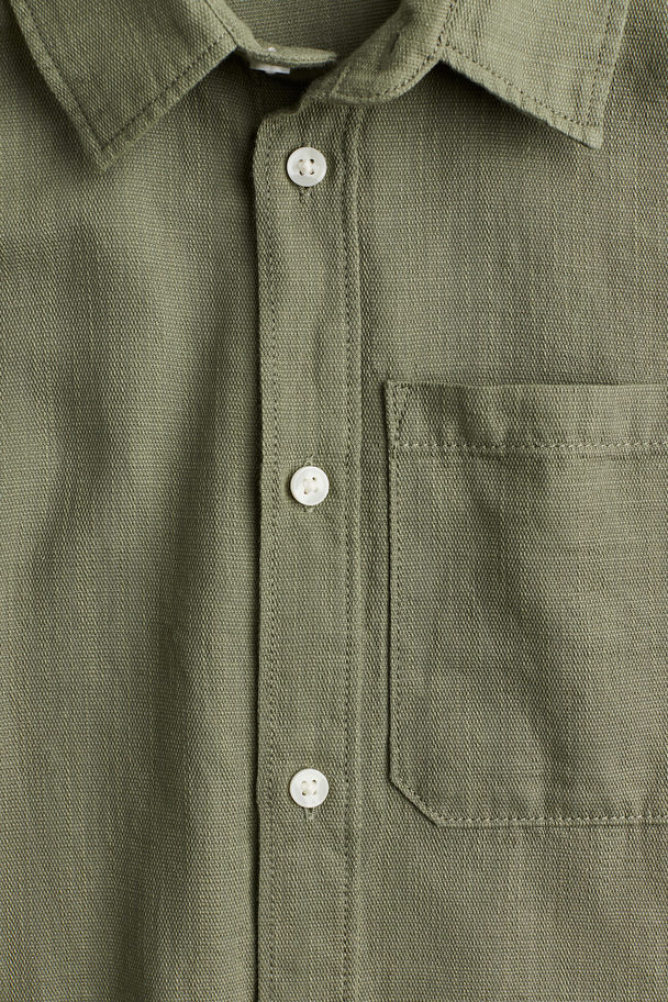 H&M Short-sleeved Cotton Shirt Khaki Green