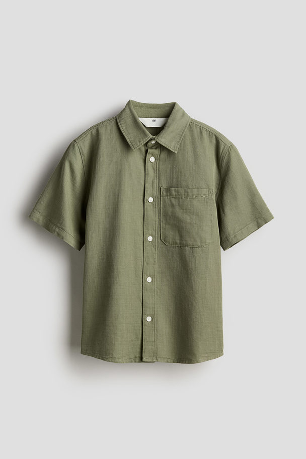 H&M Short-sleeved Cotton Shirt Khaki Green