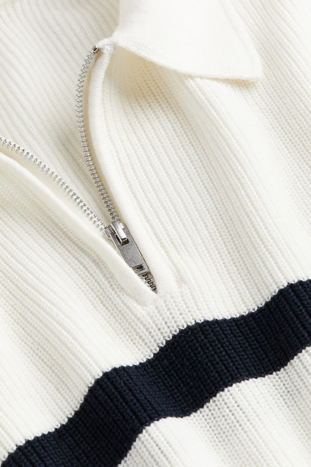 H&M Polopullover mit Zipper in Loose Fit Weiß/Dunkelblau gestreift
