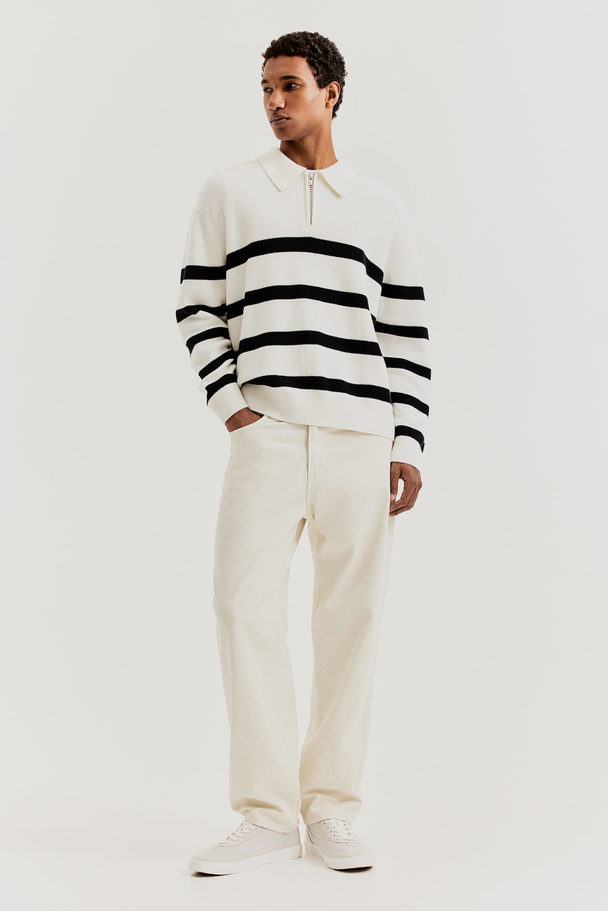 H&M Loose Fit Zip-top Polo Jumper White/dark Blue Striped