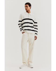 Loose Fit Zip-top Polo Jumper White/dark Blue Striped