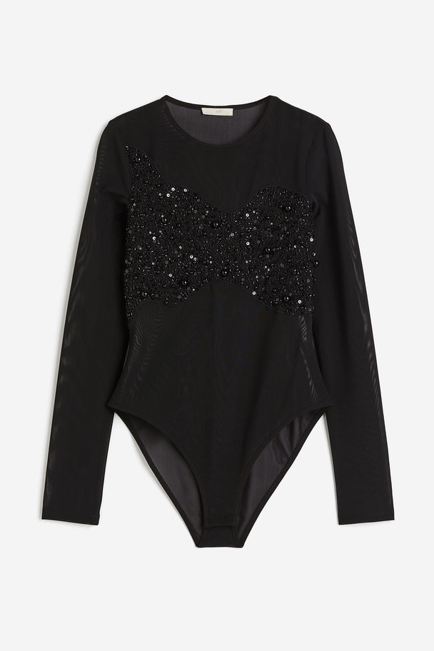 H&M Mesh-Body mit Perlen Schwarz