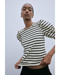 Puff-sleeved Top Light Beige/striped