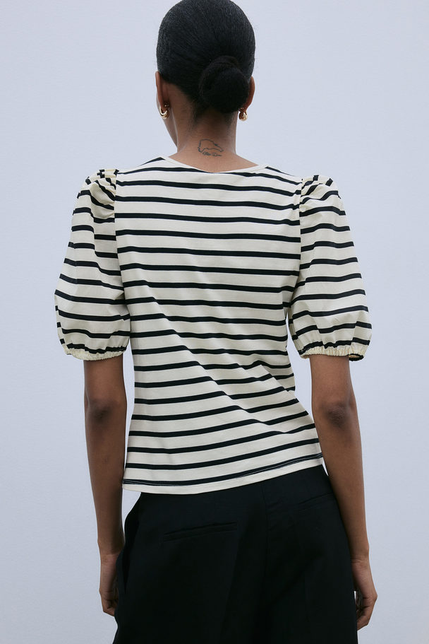 H&M Puff-sleeved Top Light Beige/striped