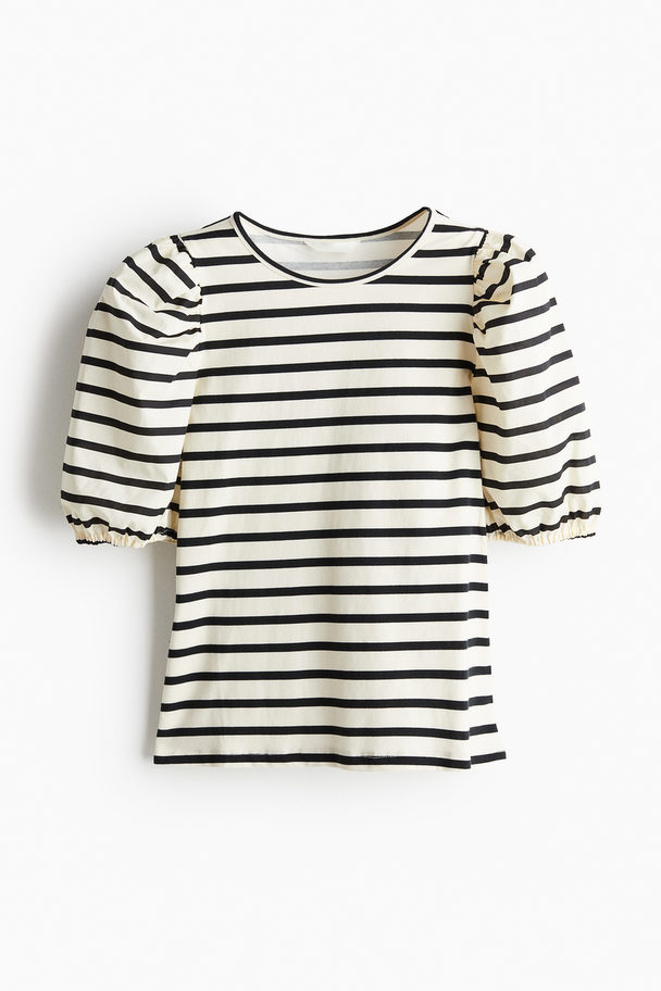 H&M Puff-sleeved Top Light Beige/striped