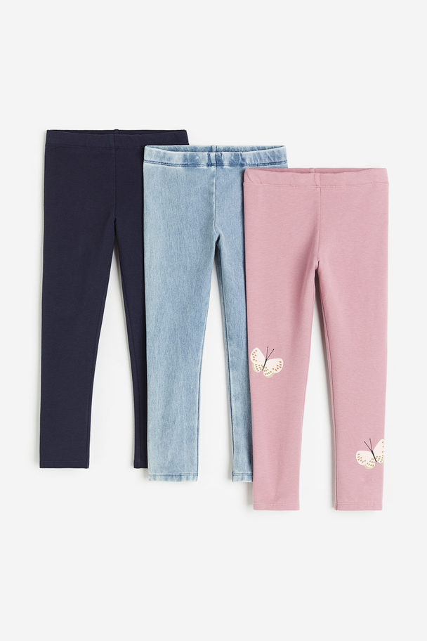 H&M Set Van 3 Katoenen Leggings Roze/vlinders