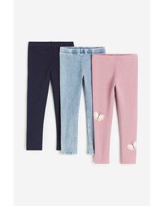 Set Van 3 Katoenen Leggings Roze/vlinders