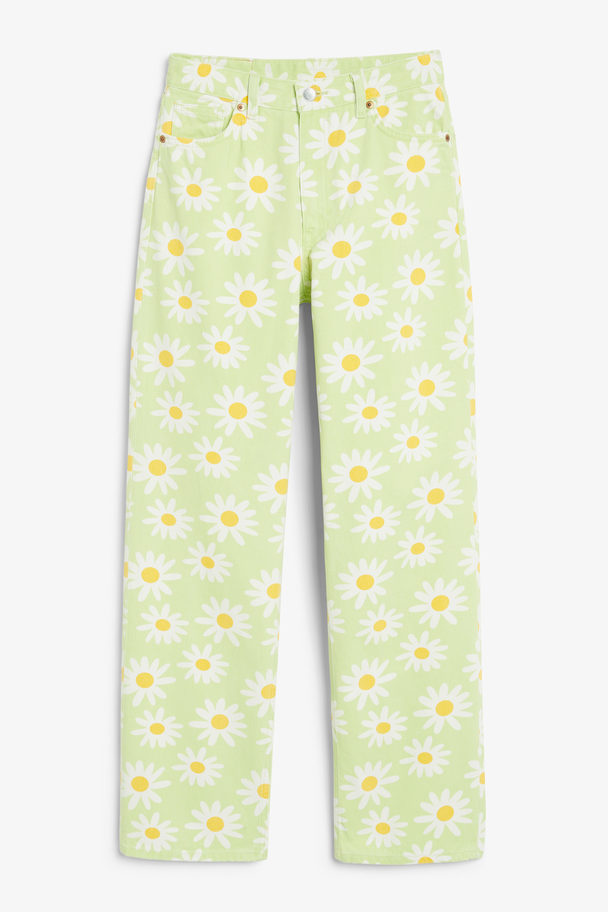 Monki Taiki High Waist Straight Leg Daisy Jeans Light Green Floral
