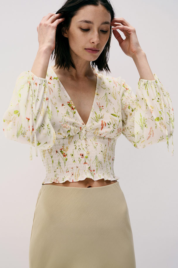 H&M Cropped Blouse Met V-hals Roomwit/bloemen