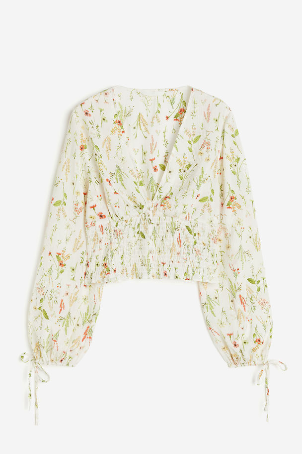 H&M Cropped Blouse Met V-hals Roomwit/bloemen