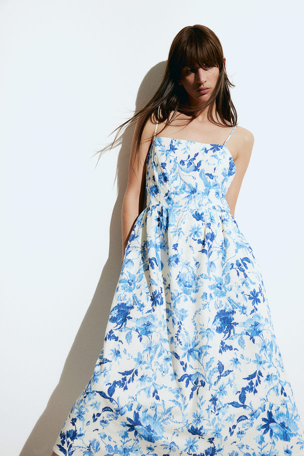 H&M Linen-blend Midi Dress White/blue Floral