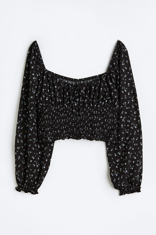 H&M H&m+ Smocked Blouse Black/small Flowers