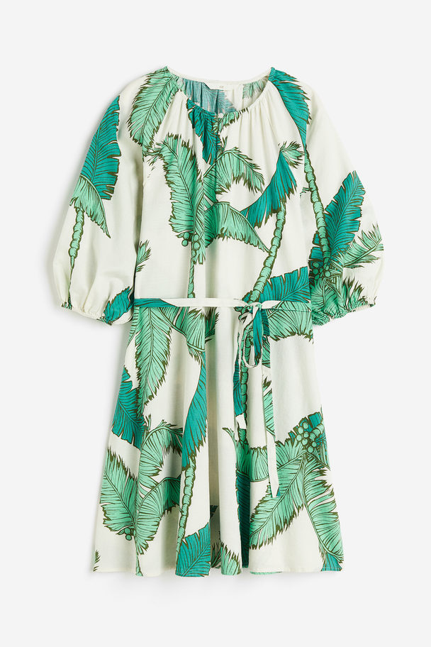 H&M Kleid mit Bindegürtel Cremefarben/Palmen