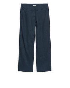 Low-waist Linen Trousers Navy Blue