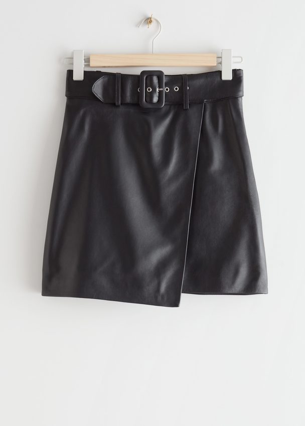 & Other Stories Belted Leather Mini Skirt Black
