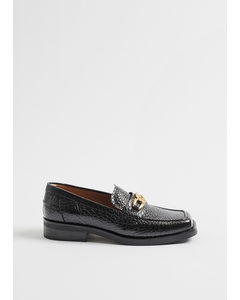 Squared Toe Leather Loafers Black
