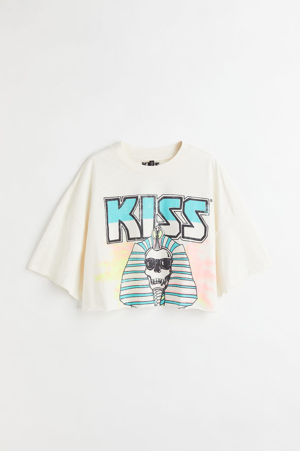 H&M Kurzes T-Shirt mit Druck Cremefarben/KISS