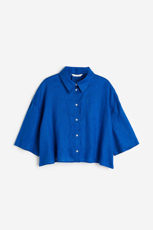 H&M Oversized Linnen Overhemdblouse Helderblauw