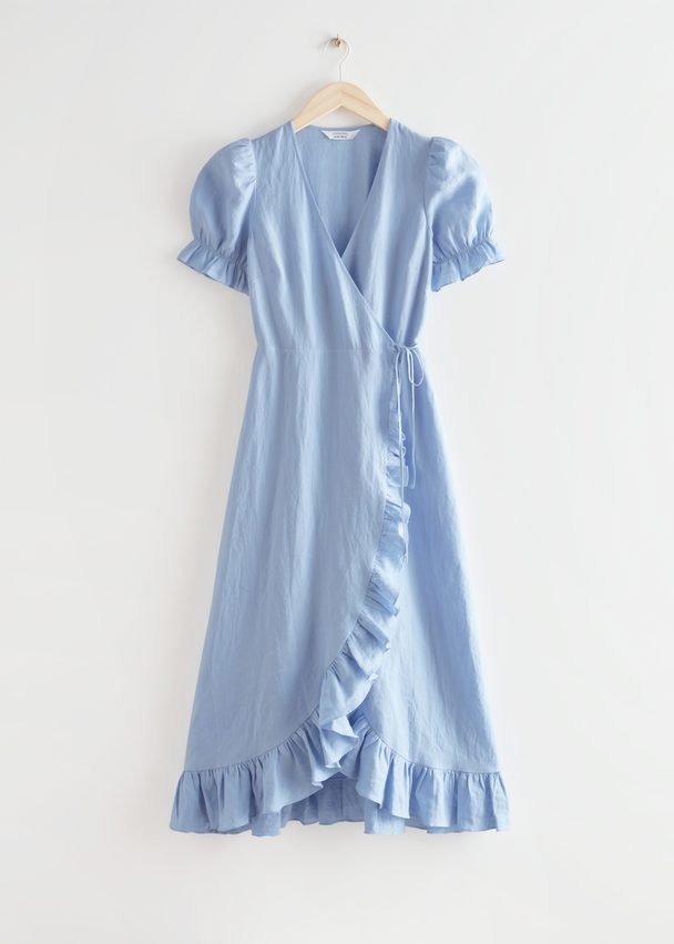 & Other Stories Linen Midi Wrap Dress Blue