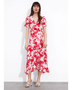 Linen Midi Wrap Dress Red Floral Print