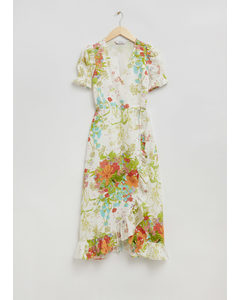 Linen Midi Wrap Dress White/green Floral Print